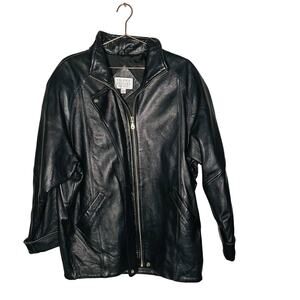 Vintage Valerie Stevens Black 100% Lamb Leather Gold Button Jacket Size Large